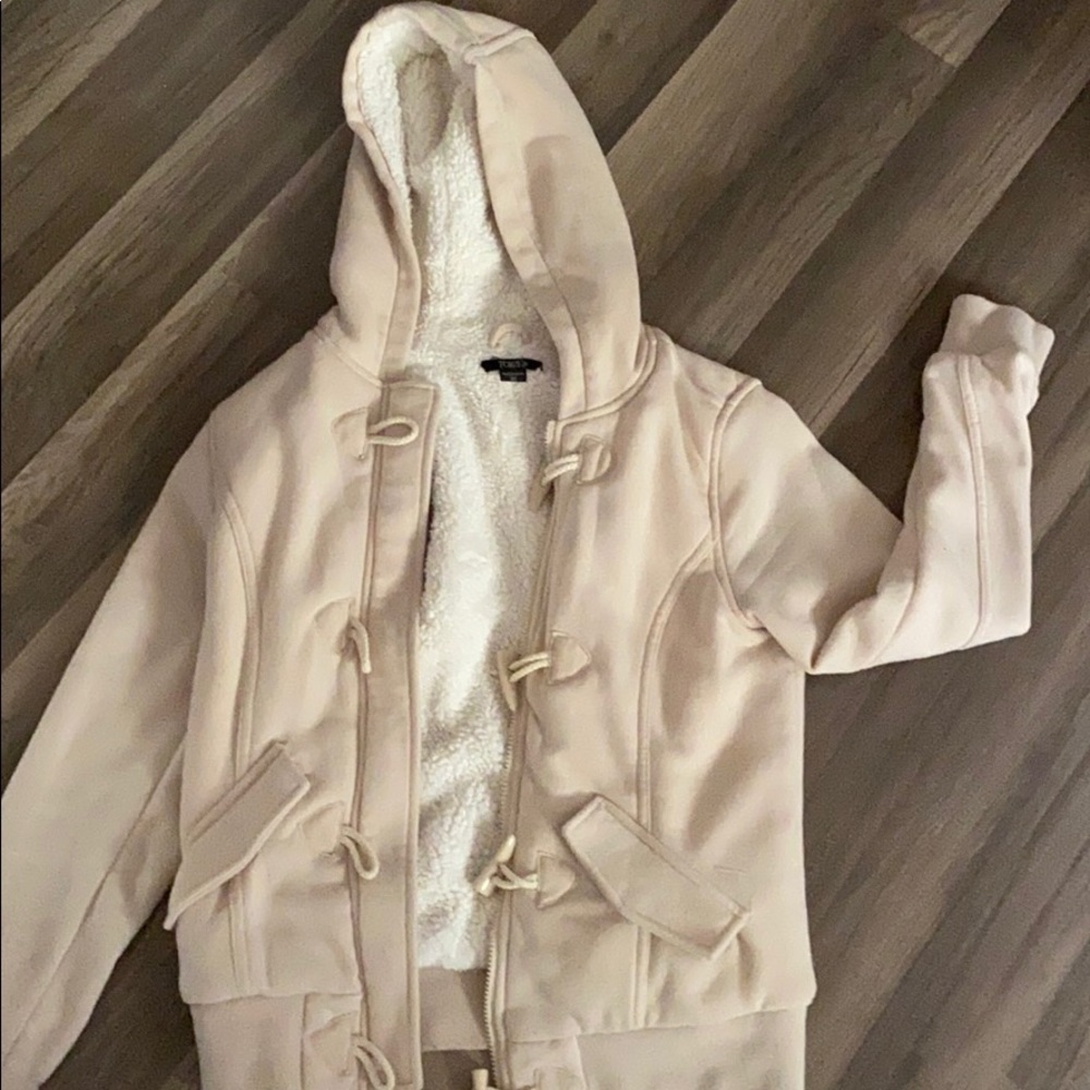 Cream hooded fleece lined toggle sweater jacket